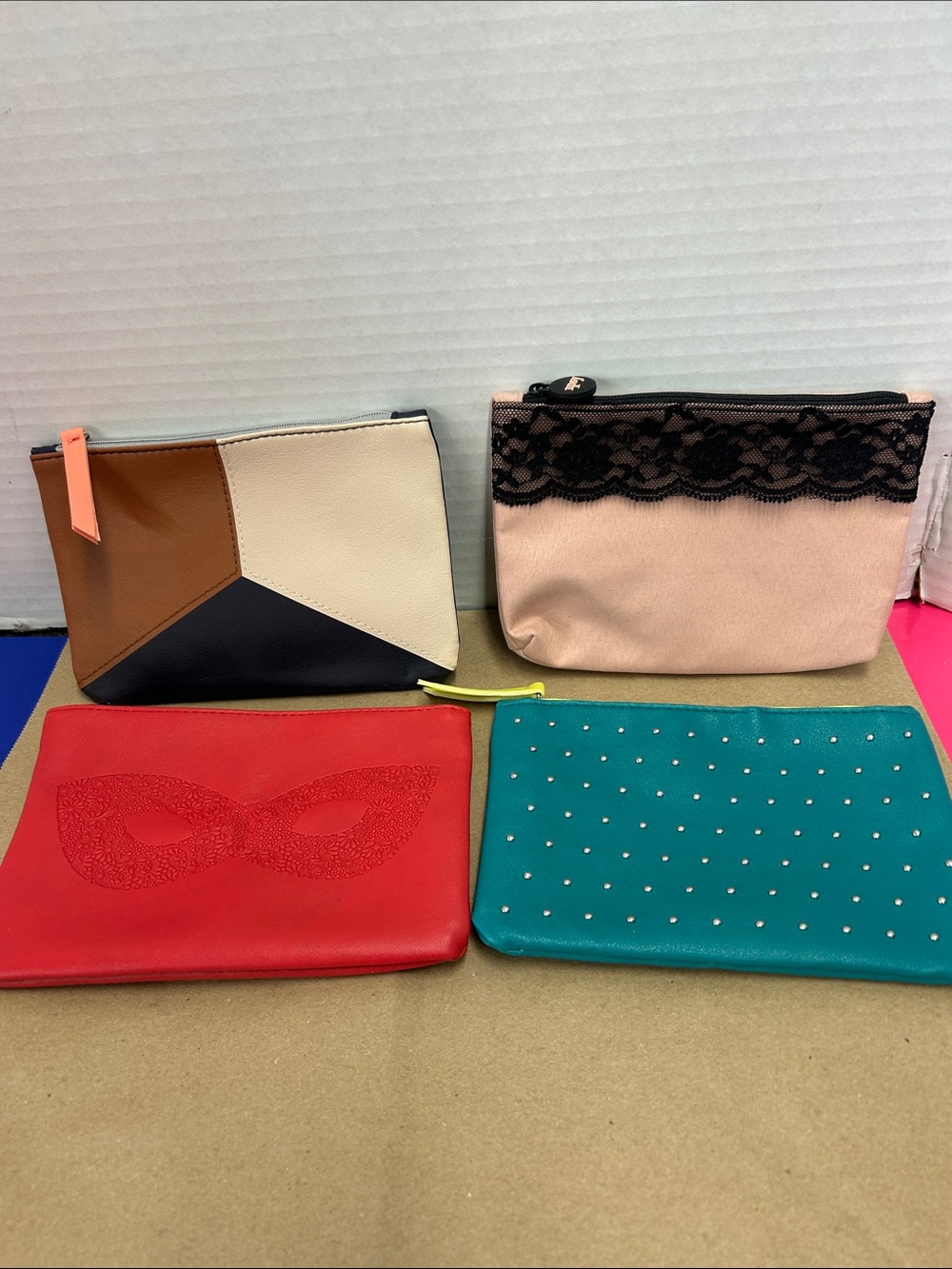 ipsy Colorblock & Lace Cosmetic Bag Set - Pink, Tan, Black, Brown, Red & Teal
